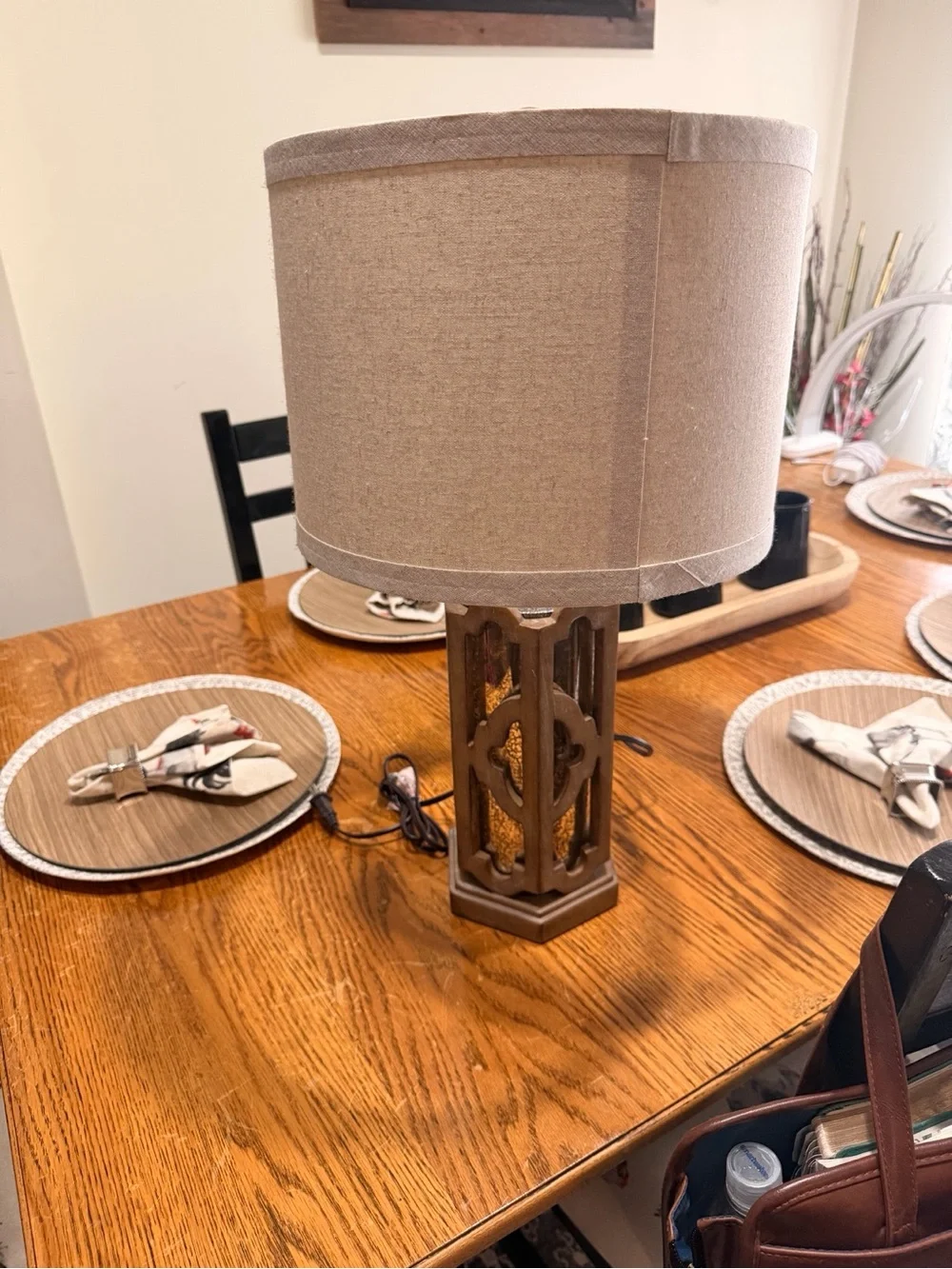 Stunning Wooden Lattice Table Lamp with Beige Shade - Home Accents